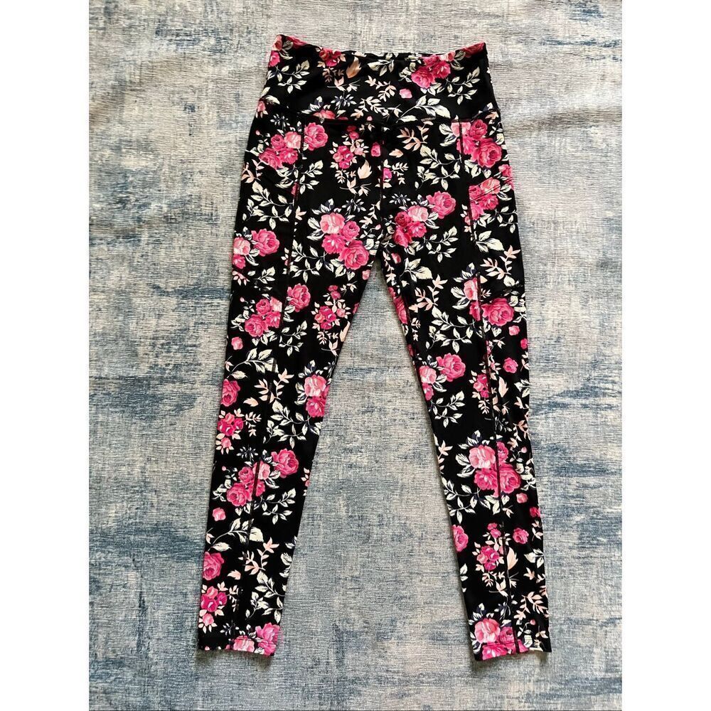 Eluminary Black Rose Pink Floral Print Leggings w Pockets Fits Sizes 10 - 18